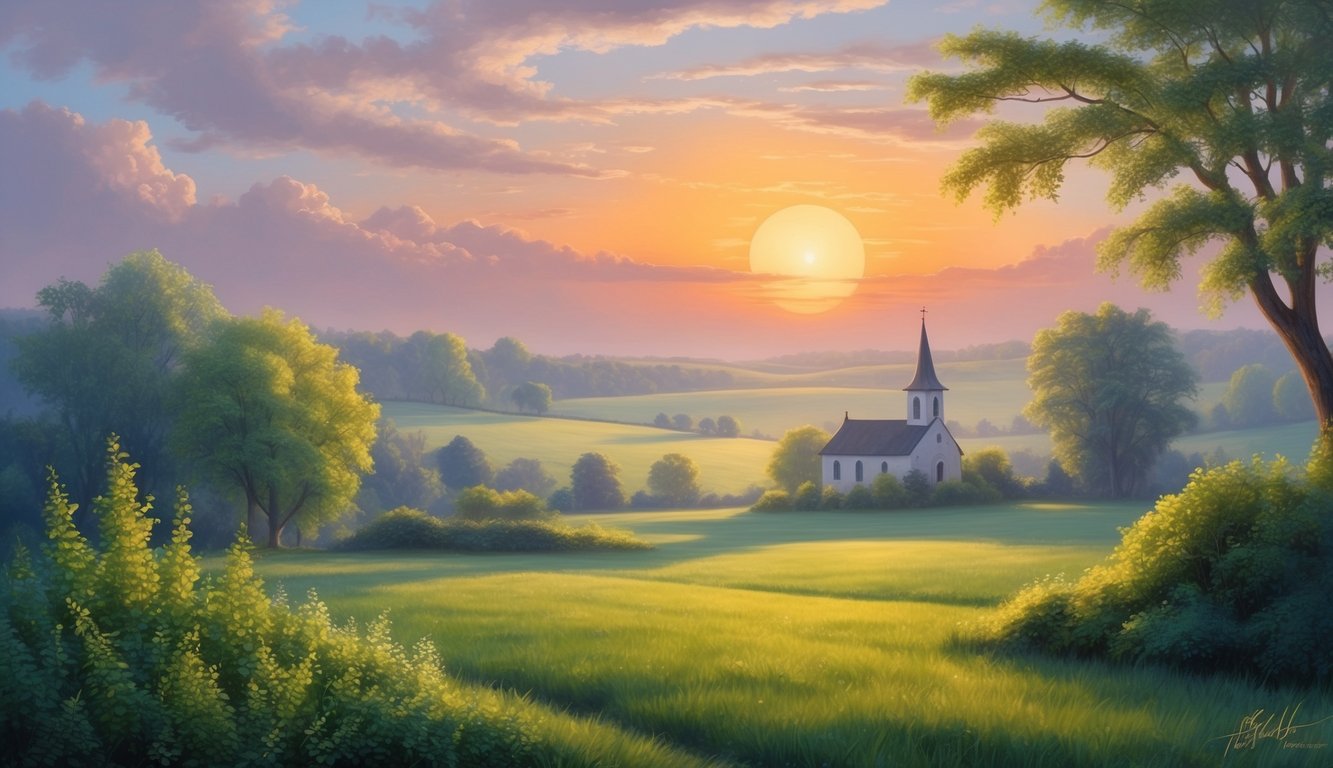 A sun rising over a peaceful countryside with a small church in the distance, surrounded by lush greenery and a serene atmosphere