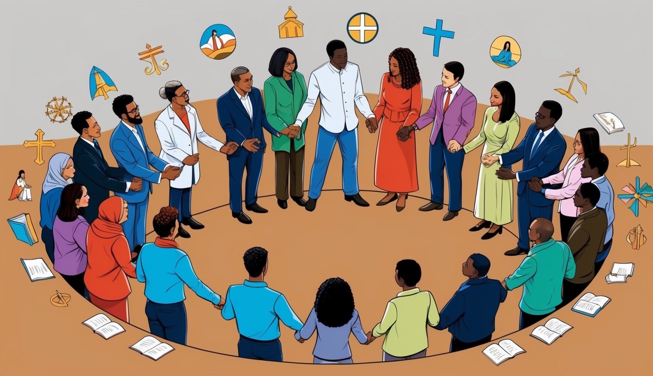 A group of diverse people gather in a circle, holding hands and engaging in deep conversation, surrounded by symbols of faith and community