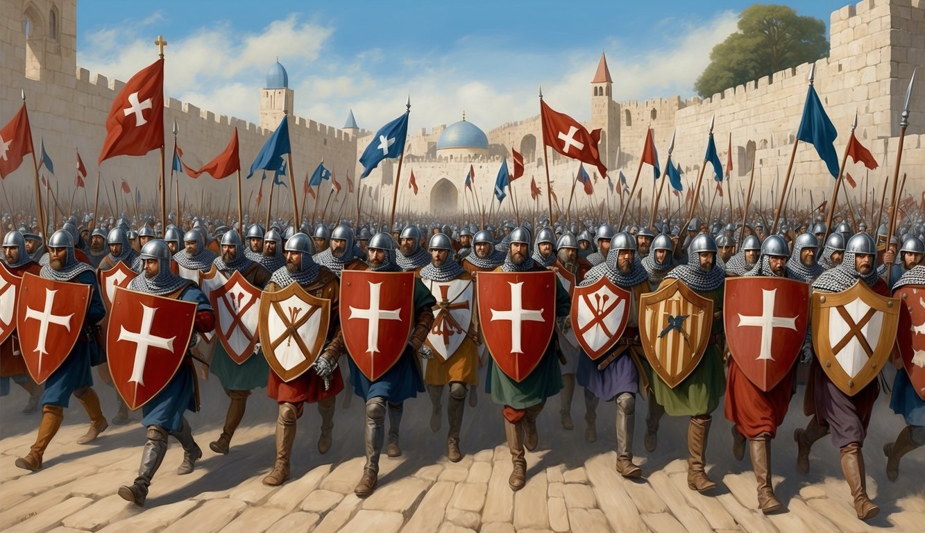 A crowd of crusaders marching towards Jerusalem, with crosses on their shields and banners