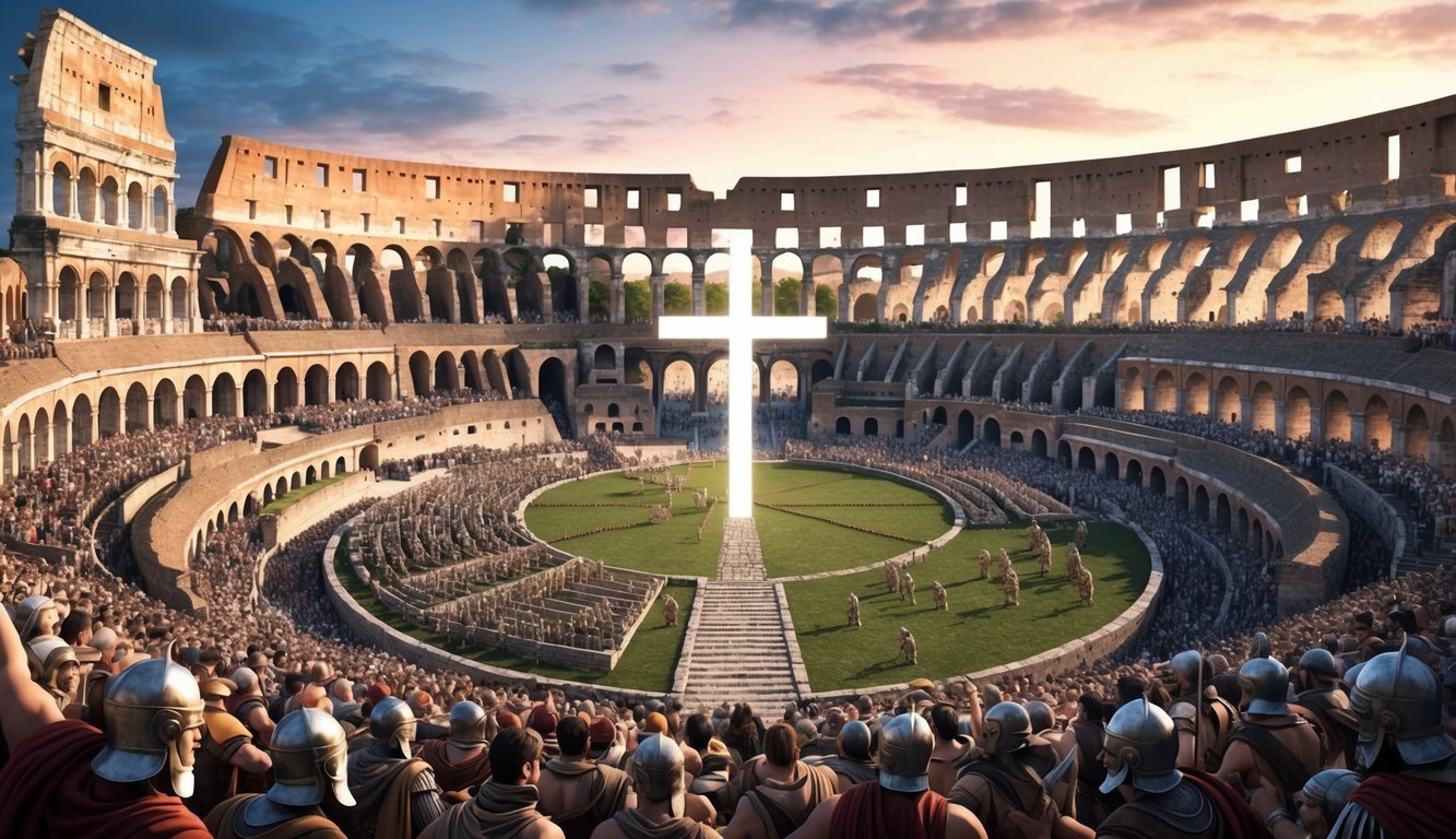 A grand Roman colosseum with a cross at its center, surrounded by crowds and gladiators, symbolizing Christianity's impact on Roman entertainment and culture