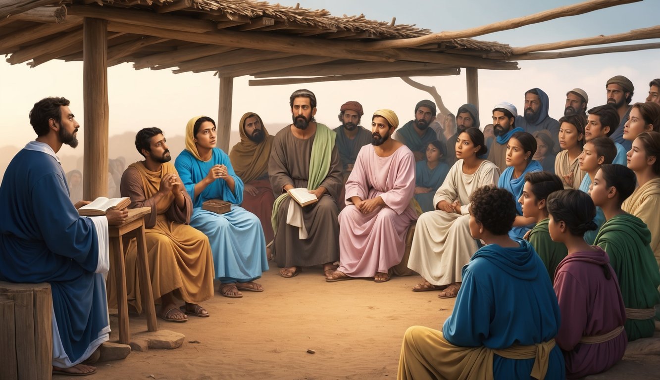 A group of people gathered in a simple, open-air setting, listening intently as a speaker shares the teachings of early Christianity.</p><p>The atmosphere is one of curiosity and contemplation