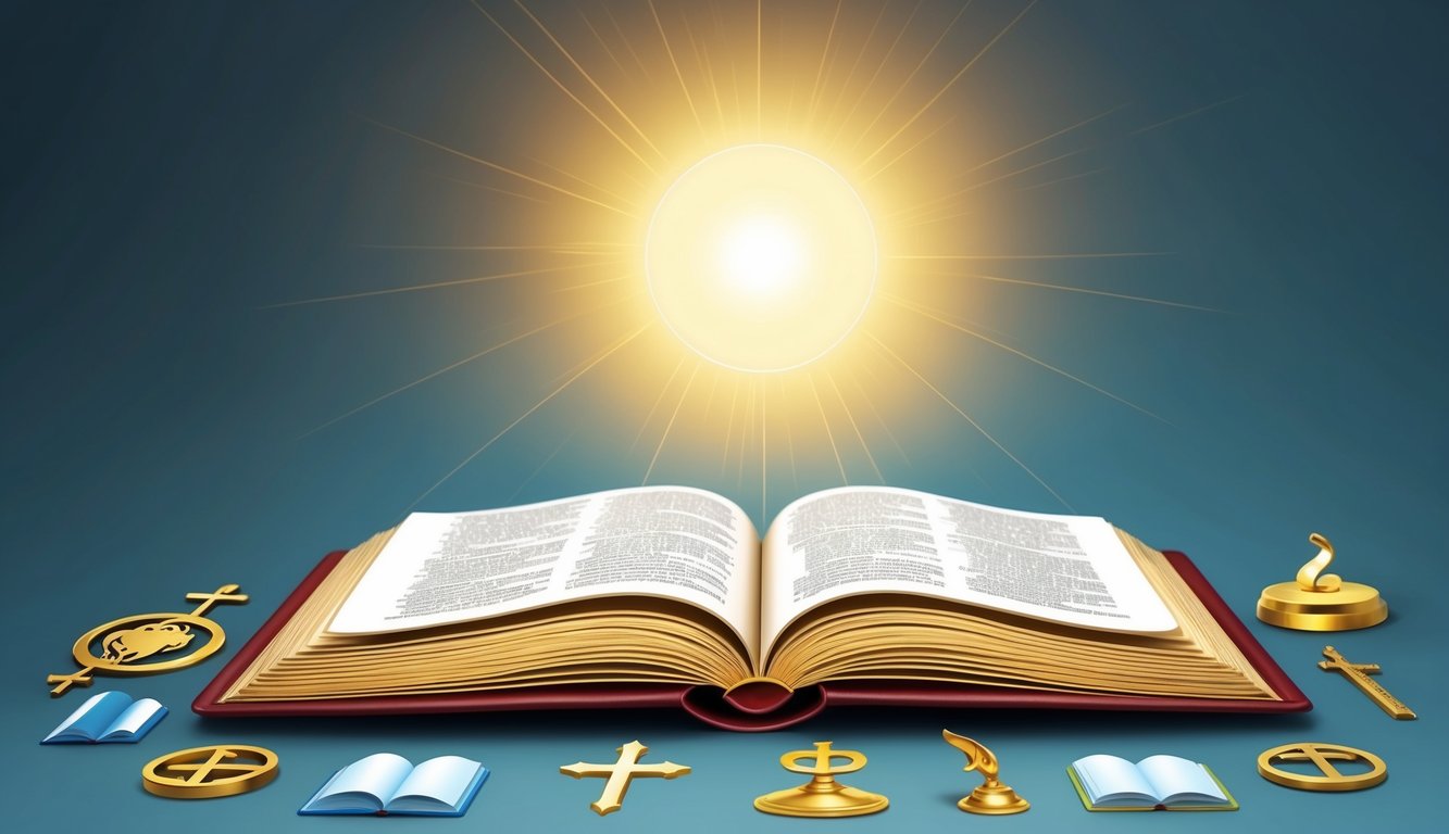 A serene, open book with a glowing halo of light, surrounded by symbols of faith and spirituality