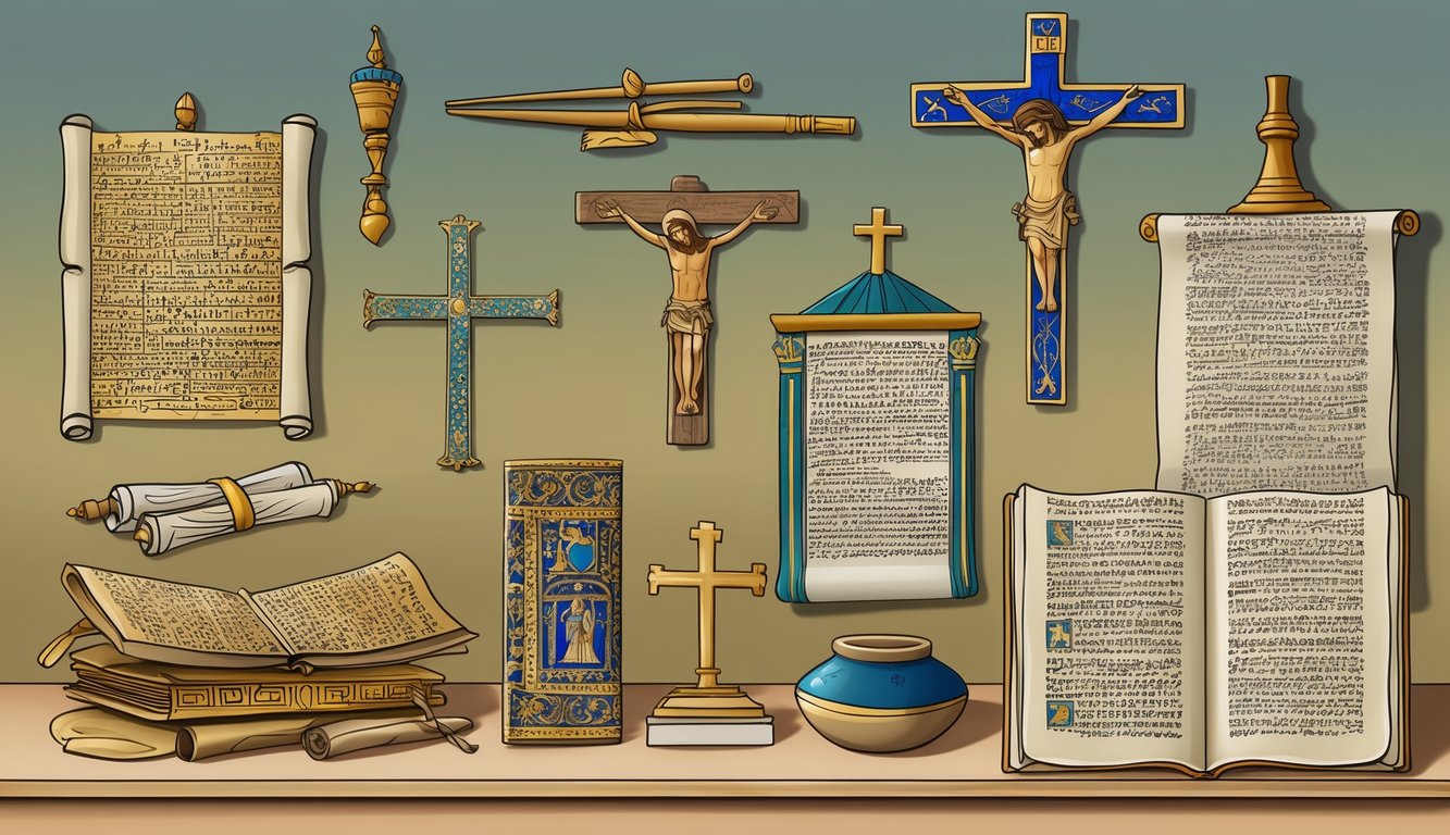 A group of ancient artifacts and symbols related to early Christianity, including crosses, scrolls, and ancient texts, are displayed on a table