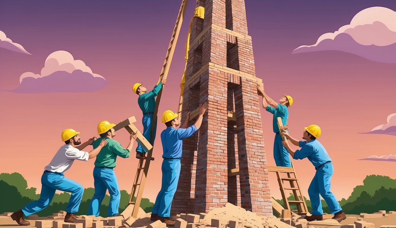 A group of people building a tall tower with bricks and mortar