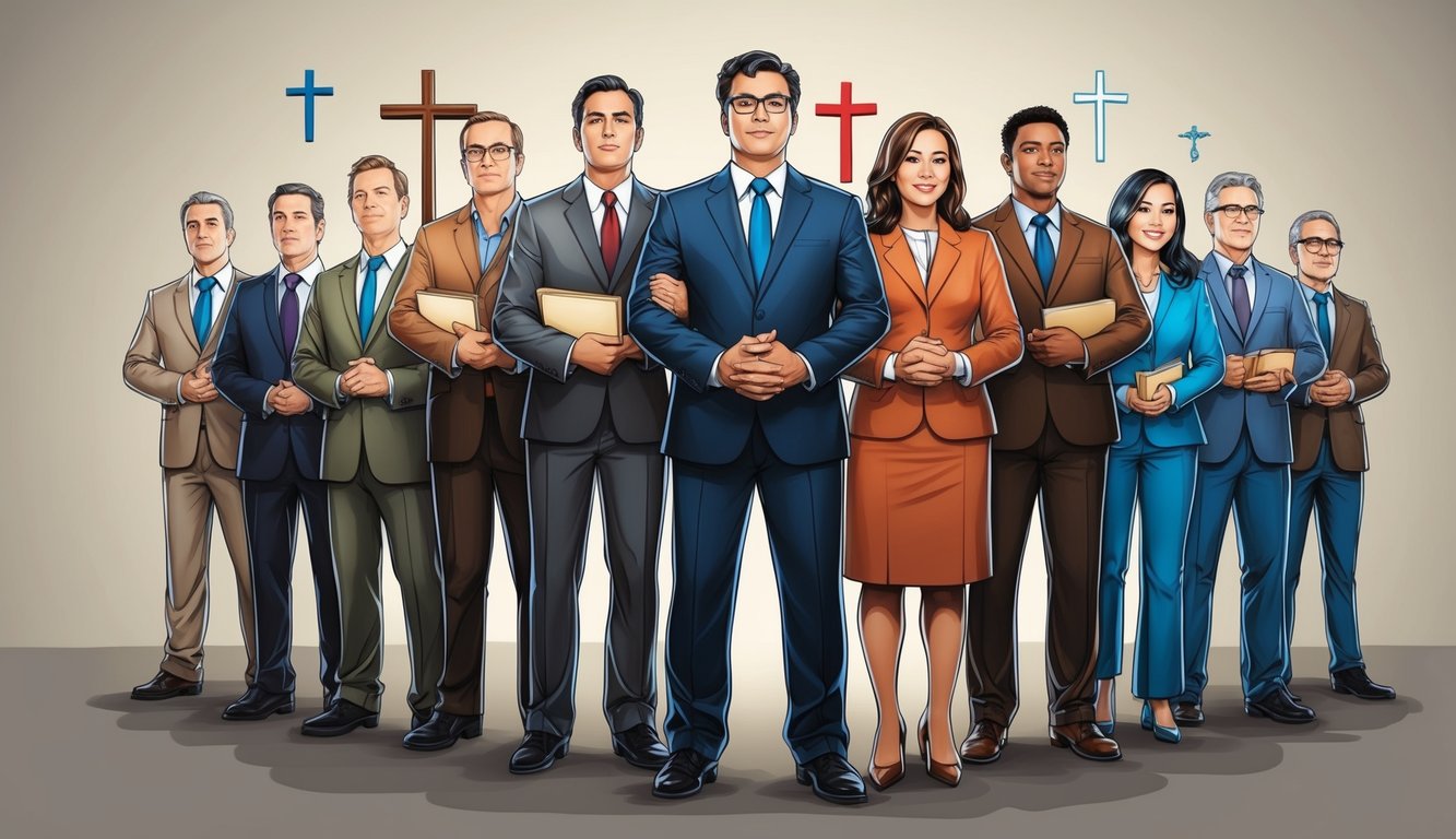 A group of nine individuals standing firm in their beliefs, surrounded by symbols of their Christian faith