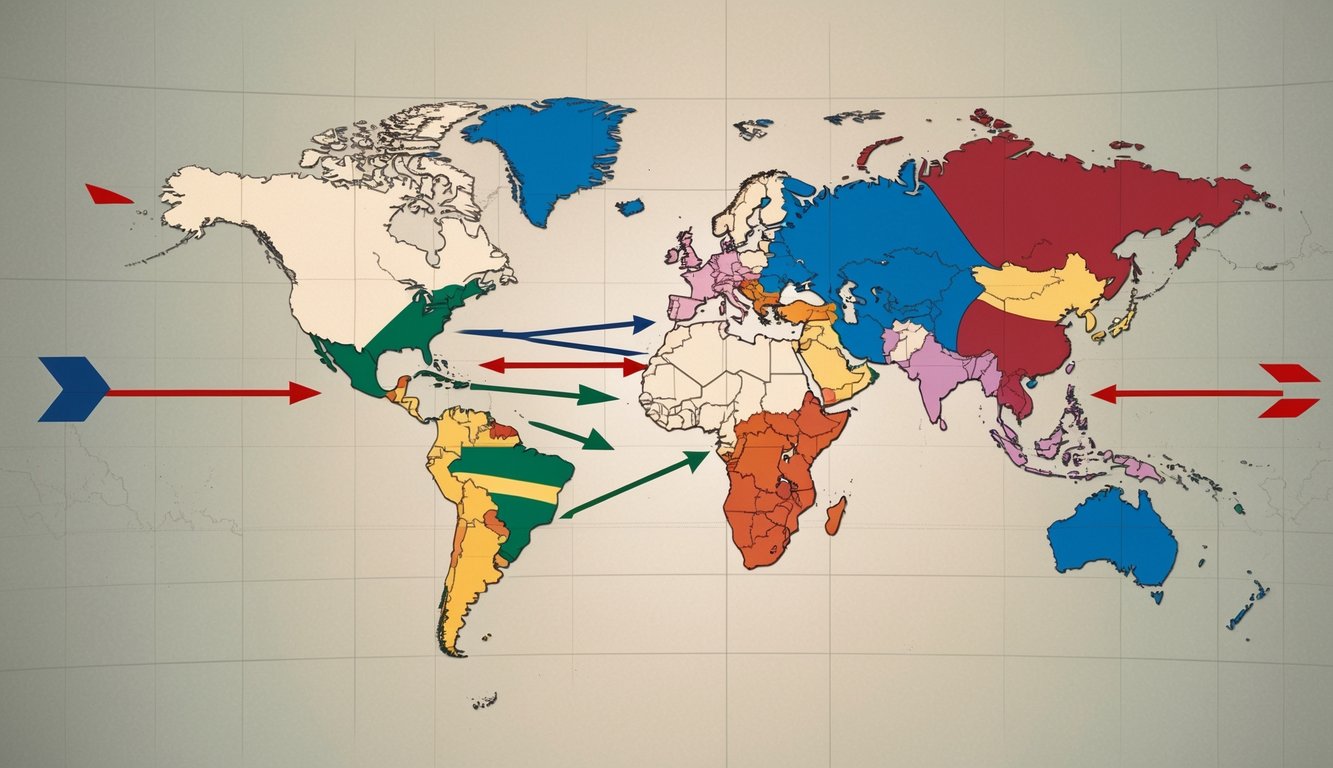 A globe split into different sections, each representing a different nation, with arrows pointing towards each other, symbolizing conflict