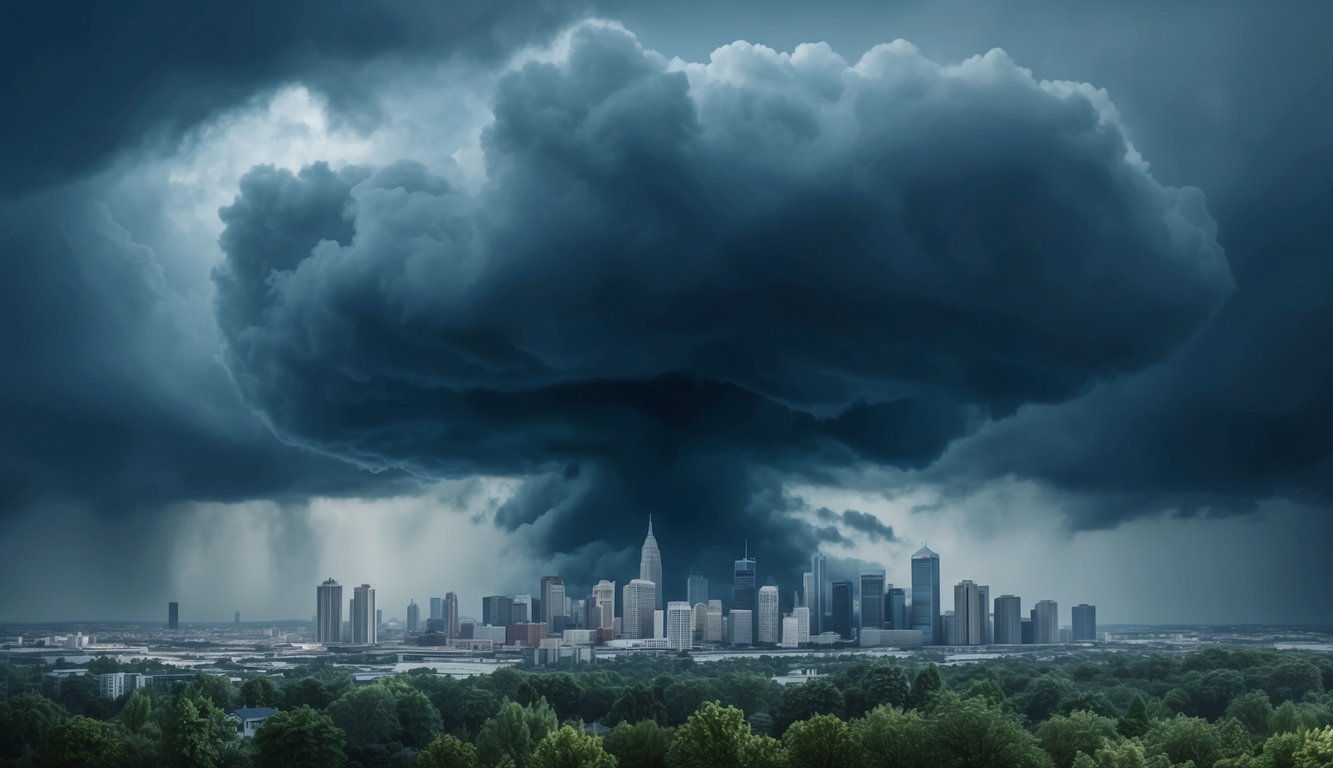 A stormy sky with dark, ominous clouds looming over a city skyline, casting a sense of fear and uncertainty