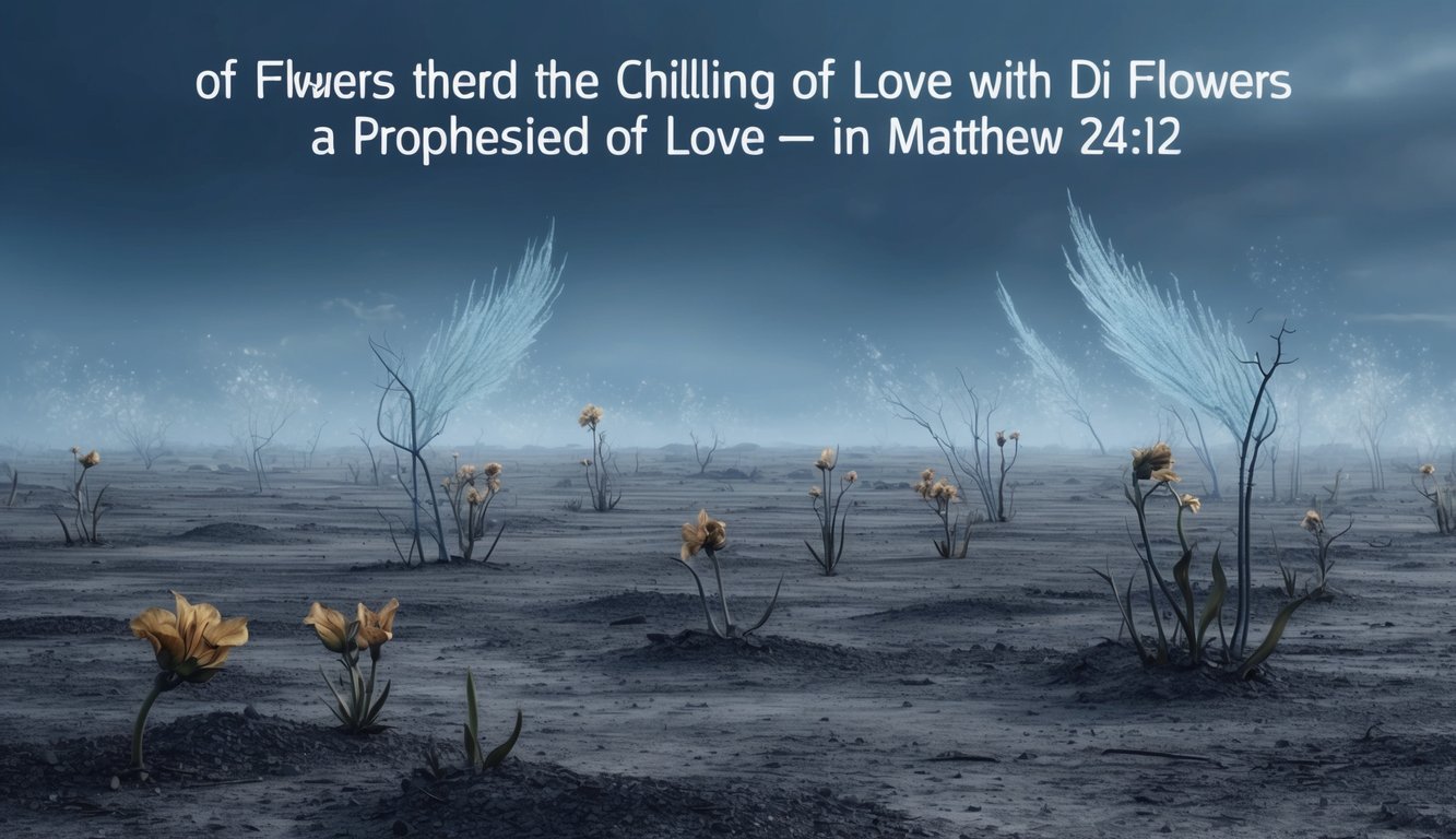 A barren, desolate landscape with wilted flowers and icy winds, symbolizing the chilling of love as prophesied in Matthew 24:12