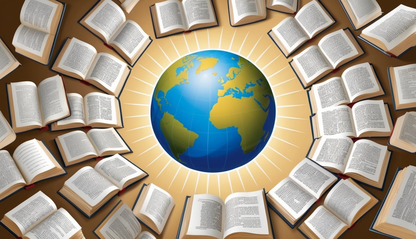 A globe surrounded by open books, with rays of light emanating from the center, symbolizing the spread of the gospel to all nations