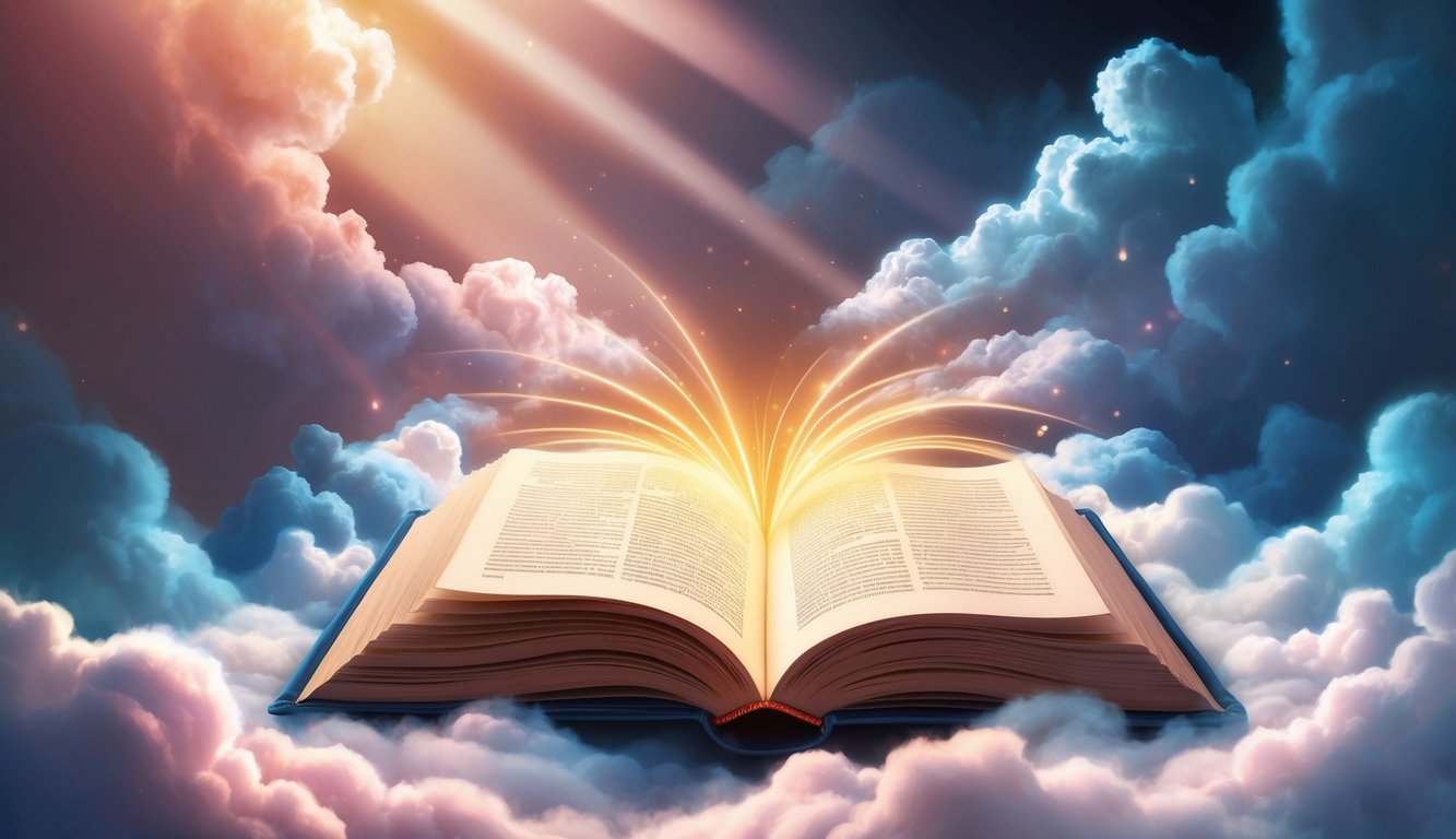 A glowing open book surrounded by swirling clouds and beams of light