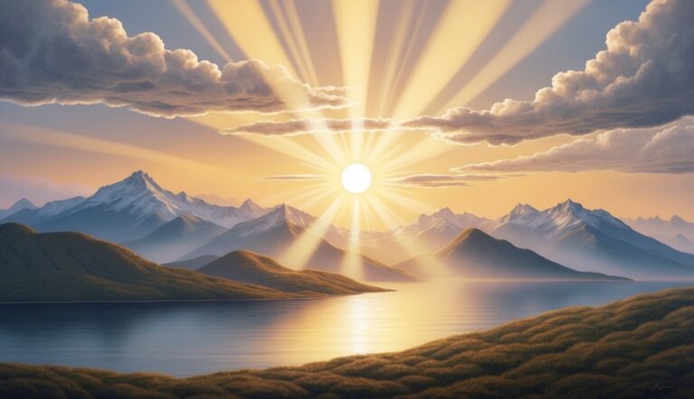 Radiant sunburst over mountains and lake, reflecting god's glory