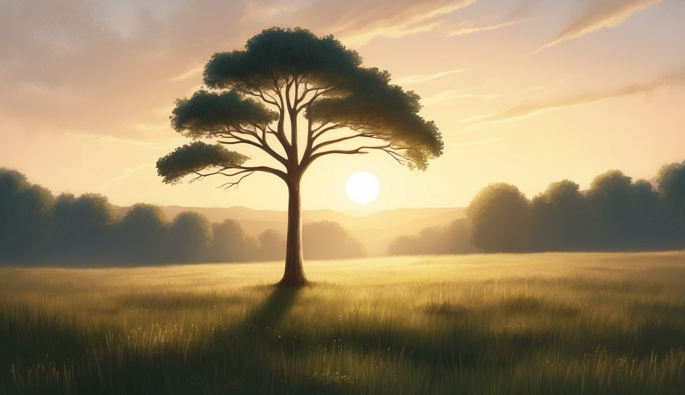 A lone tree stands tall in a serene meadow, its branches reaching out to the sky.</p><p>The warm glow of the setting sun casts a golden light over the landscape, evoking a sense of peace and hope