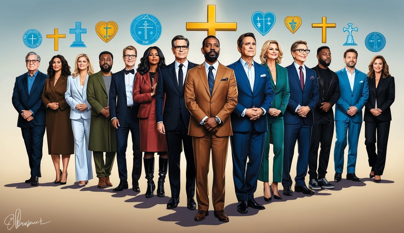 A group of celebrities standing firm in their faith, surrounded by symbols of their Christian beliefs