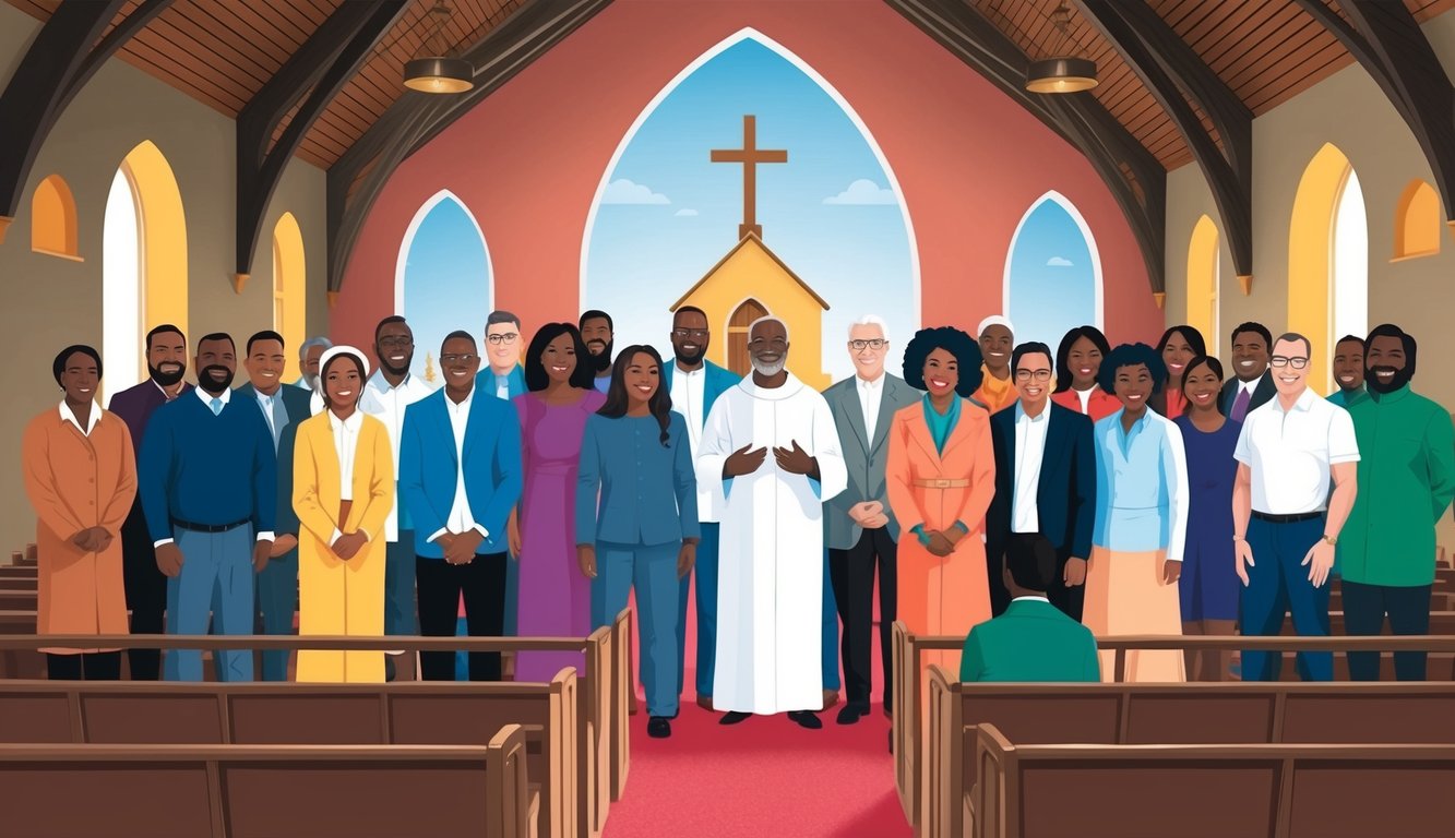 A diverse group of people standing together in a church, each person representing a different background or belief, yet united in their faith