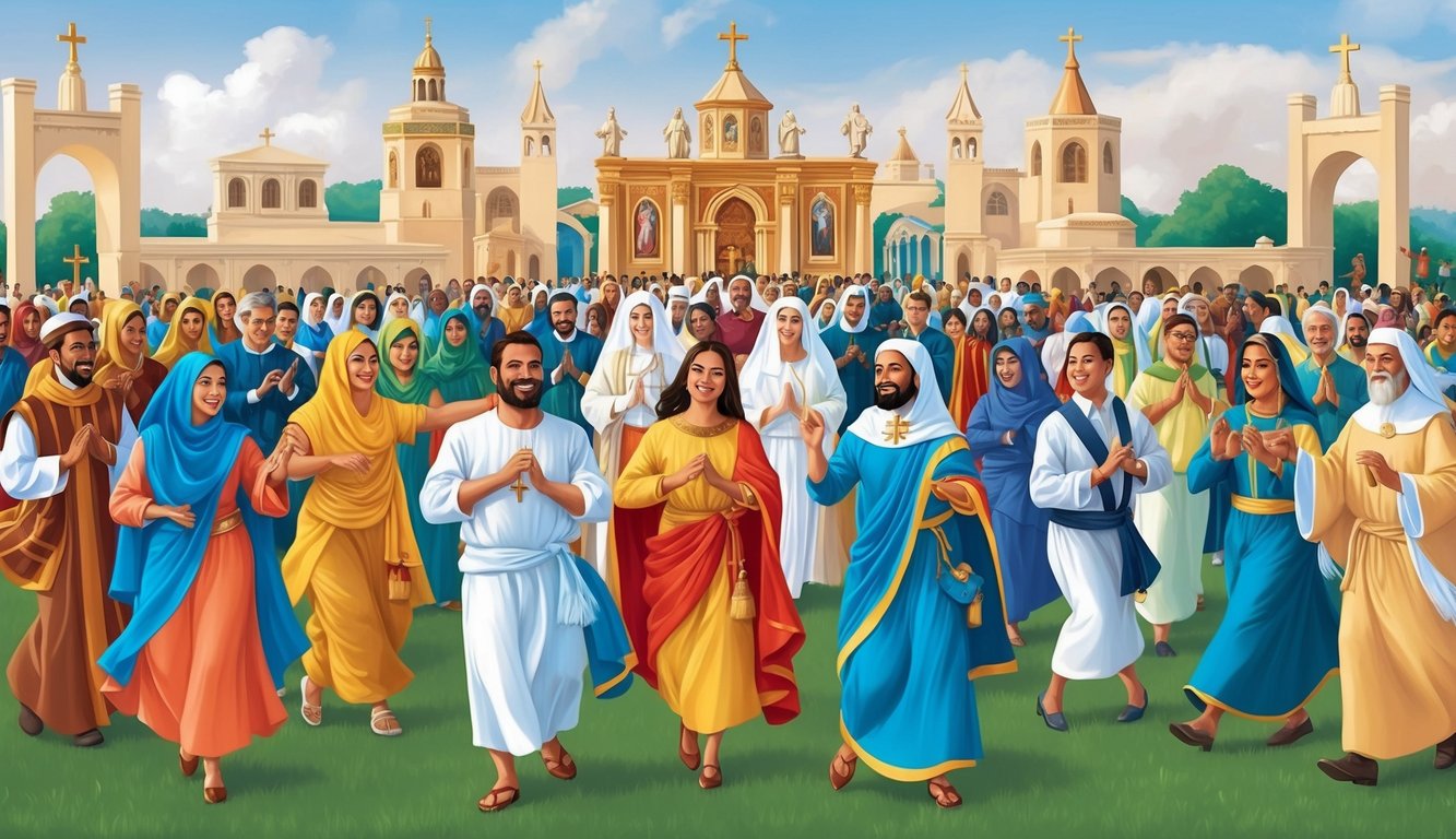 A diverse group of people engaging in various Christian traditions from around the world, such as processions, dances, and rituals