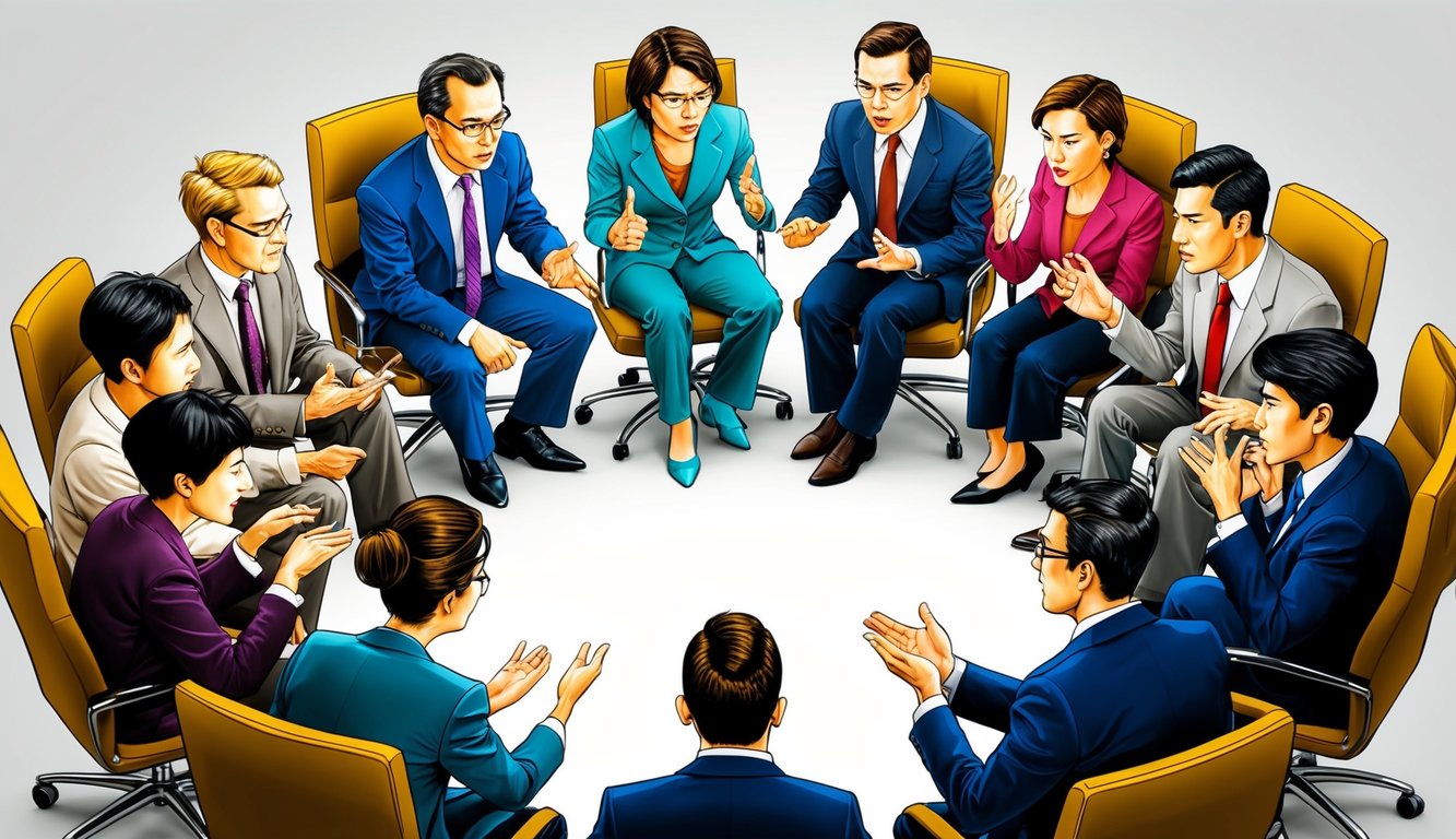 A group of people sitting in a circle, engaged in intense discussions with furrowed brows and animated gestures