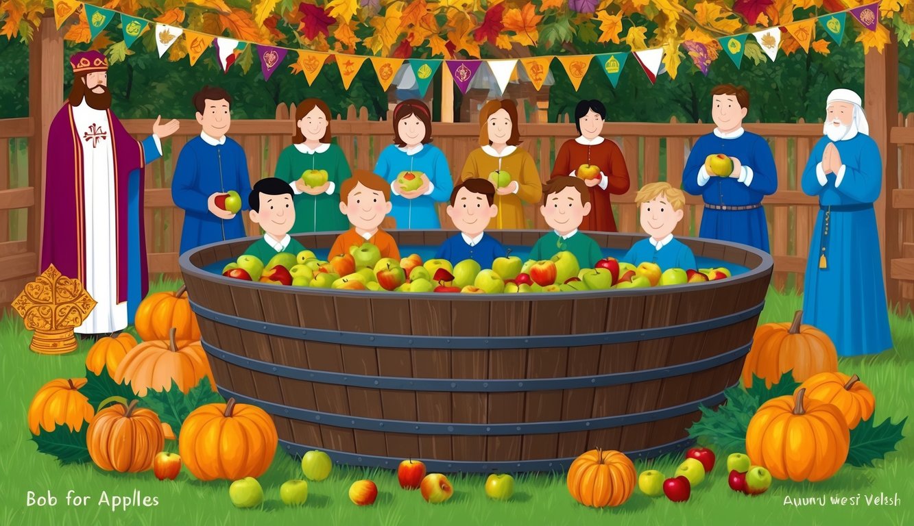 People bob for apples in a large wooden tub at a Welsh harvest festival, surrounded by colorful autumn decorations and traditional Christian symbols