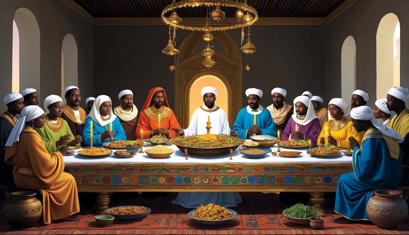 A group of people gathered around a large, ornately decorated table, with an assortment of traditional Ethiopian dishes and candles, as they observe the Nativity fast