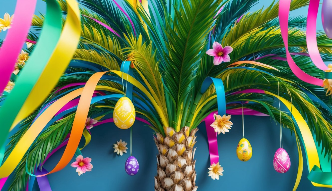 Vibrant palm branches intertwined with colorful ribbons, adorned with flowers and hanging eggs, creating a festive display for Easter in Poland