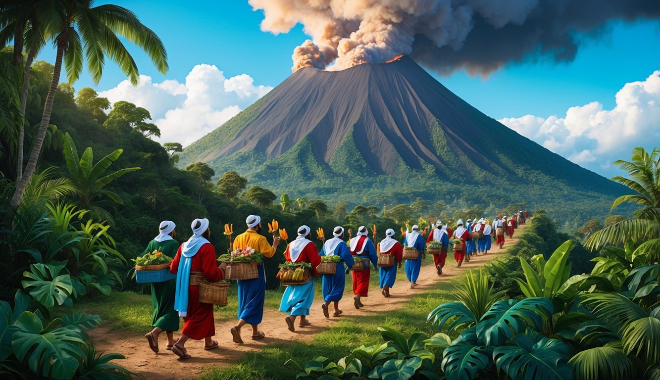 A group of pilgrims trek through lush jungle towards a towering volcano, carrying offerings and singing hymns.</p><p>Smoke billows from the crater above