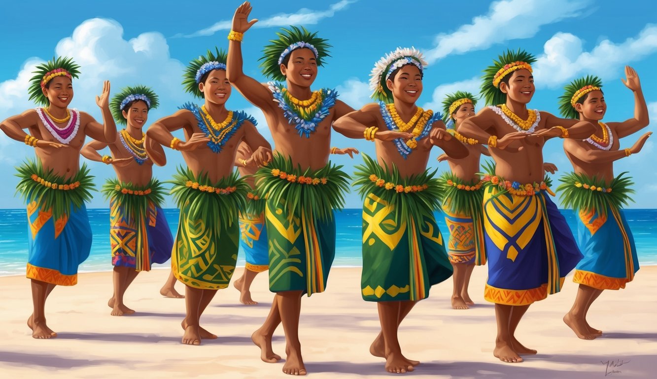 A group of dancers in traditional Kiribati attire perform a lively and colorful dance, expressing their unique Christian faith tradition