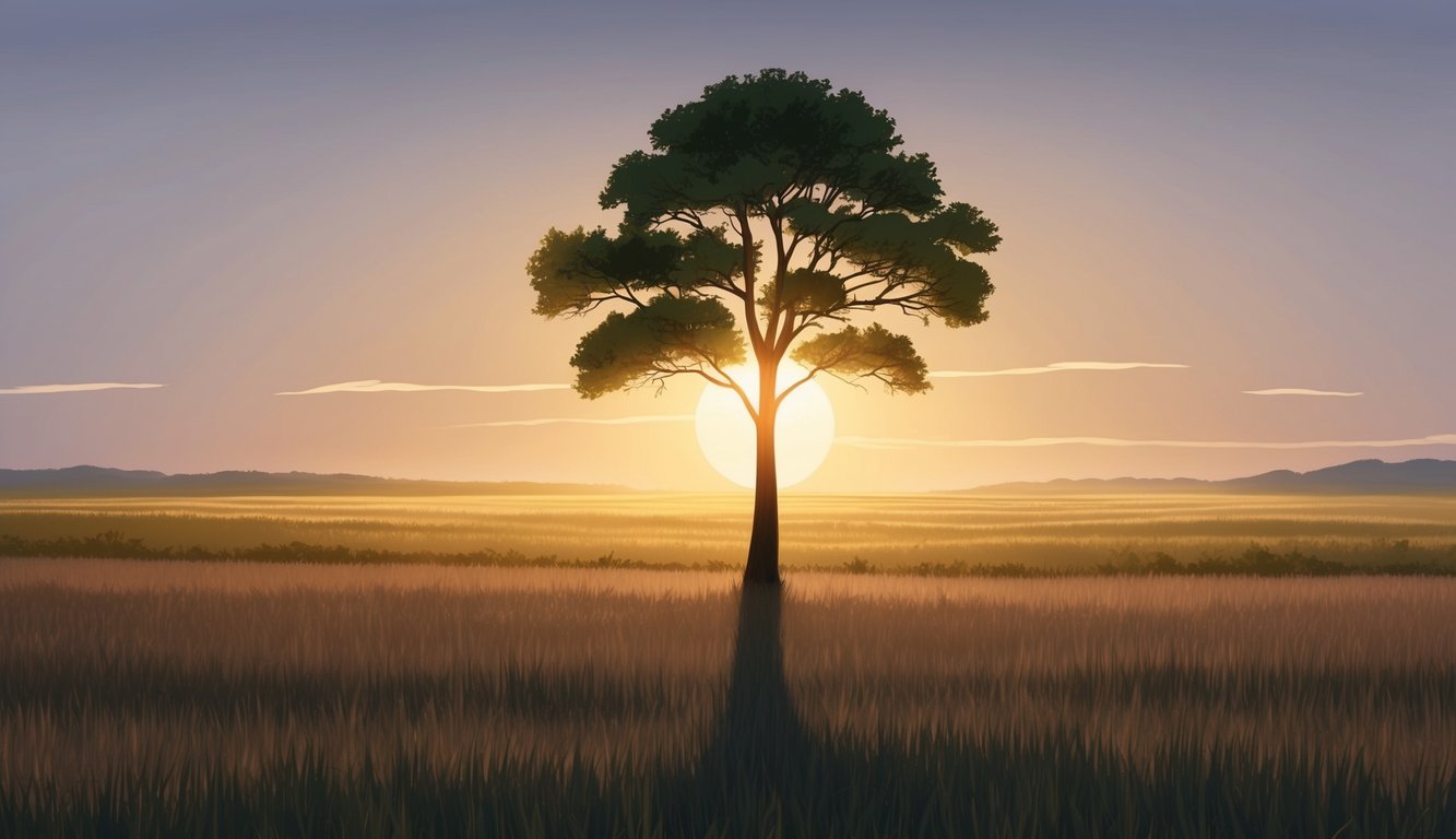 A lone tree stands tall in a vast, open field, with the sun setting in the background, casting a warm, golden light across the landscape