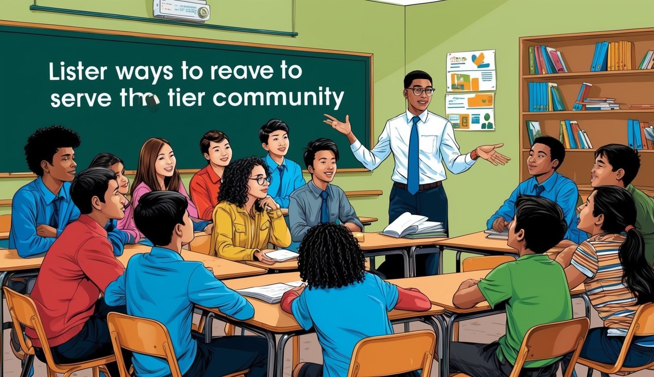 A group of students gather in a classroom after school, listening attentively as a tutor gestures and explains different ways to serve their community