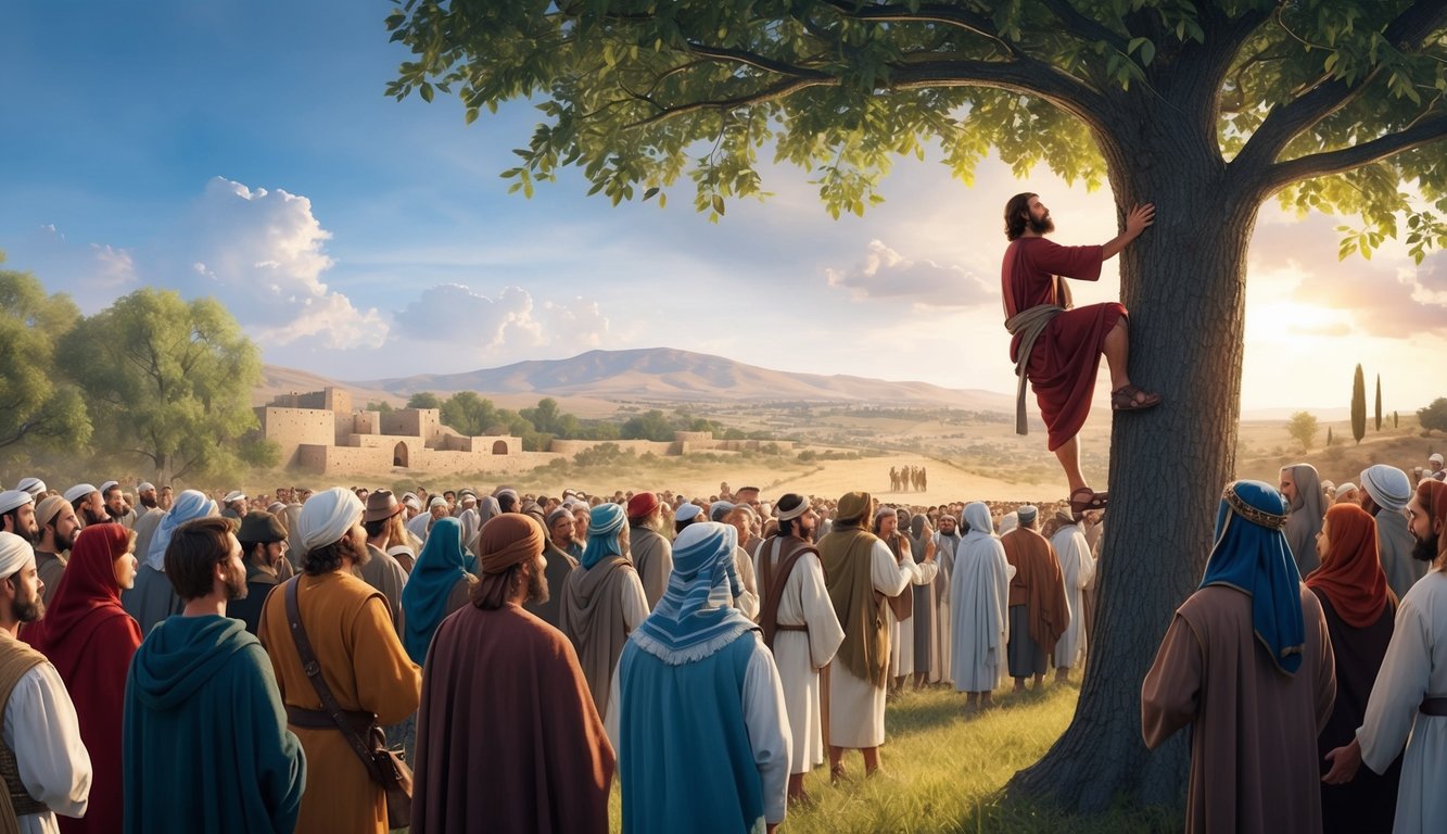 A crowd watches as a man climbs a sycamore tree to see Jesus passing through Jericho