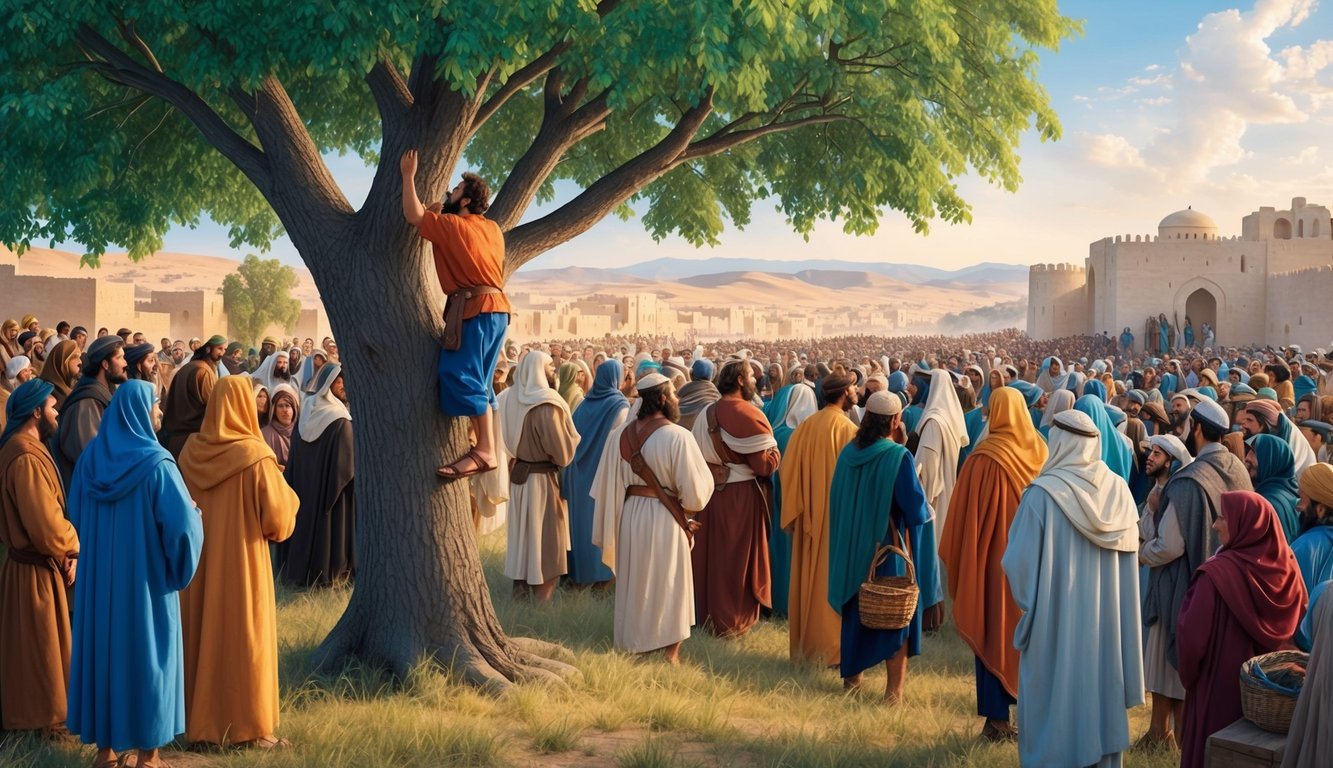 A crowd gathers as a man climbs a sycamore tree to catch a glimpse of Jesus passing through Jericho