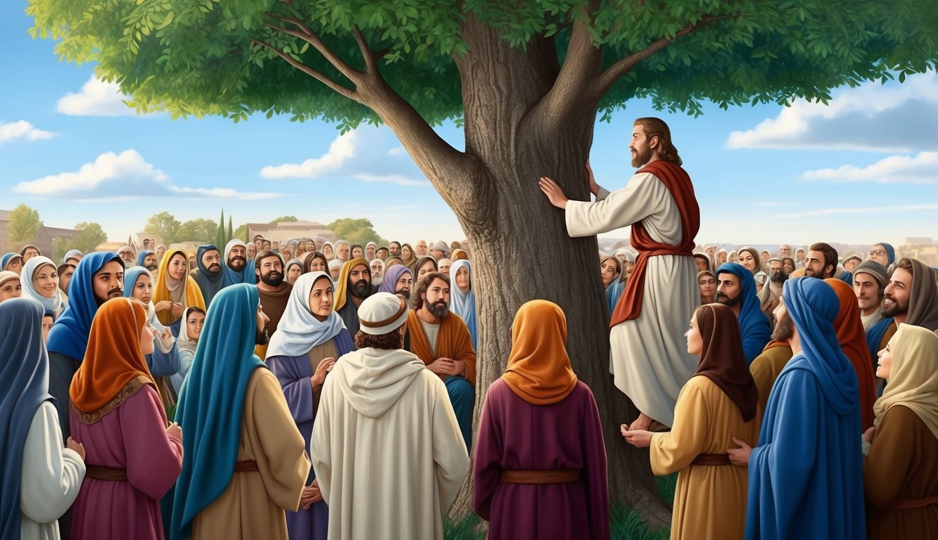 A crowd gathers around a tree as a man climbs up to see Jesus