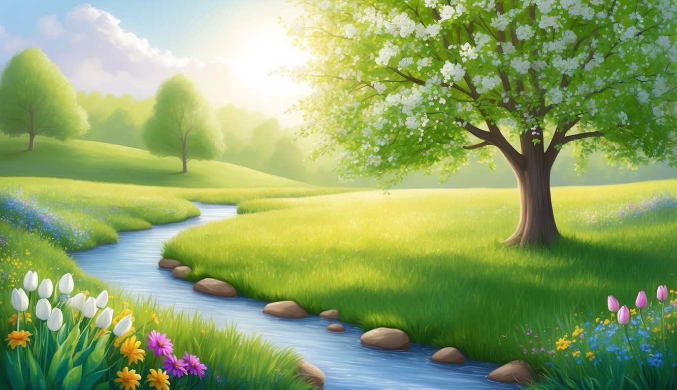 A serene, sunlit meadow with a single tree in full bloom, surrounded by a gentle stream and colorful flowers