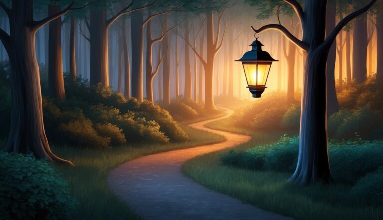 A lantern illuminates a forest path, reflecting psalm 119:105's guiding light
