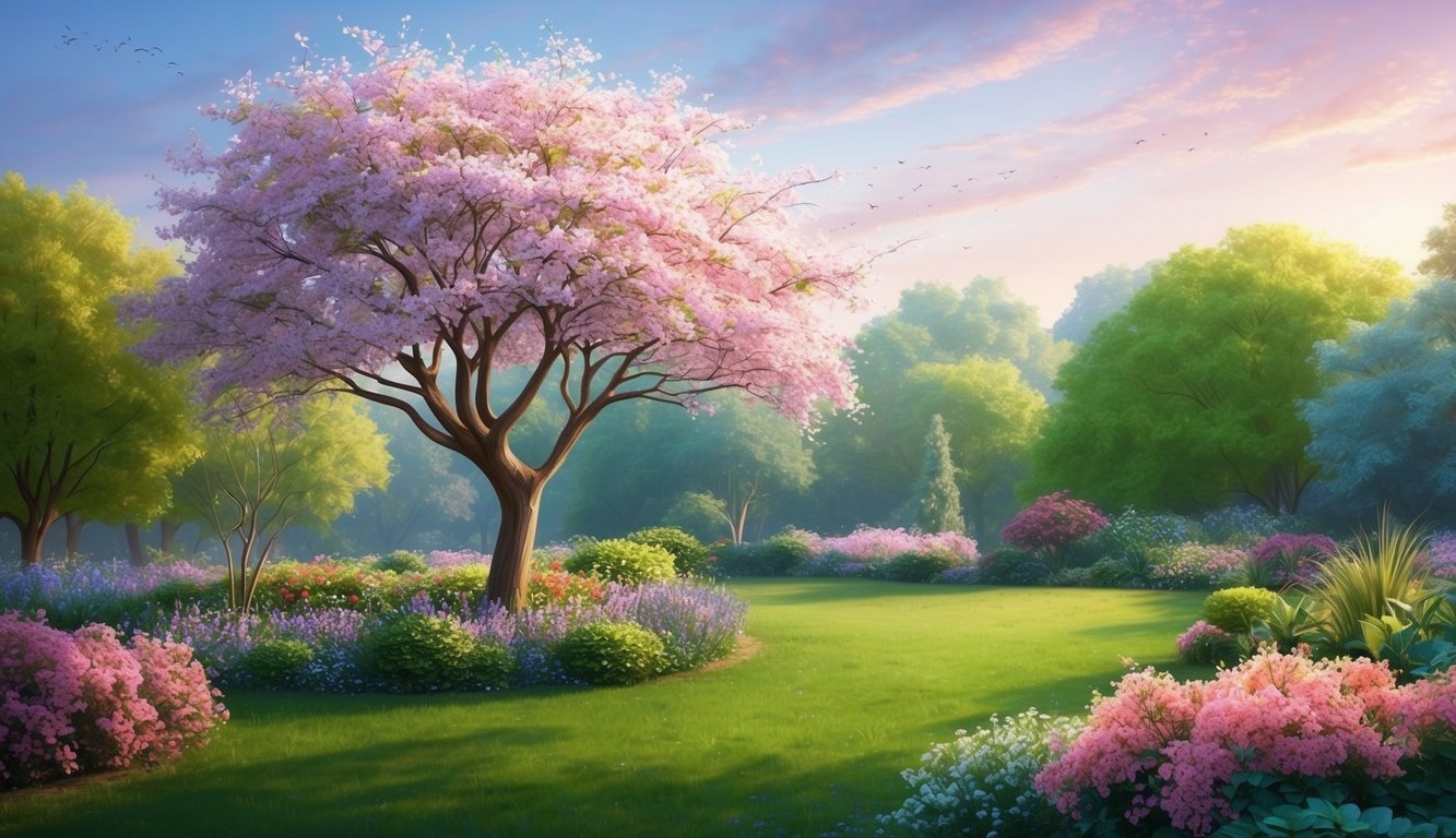 A peaceful garden with a blooming tree and a gentle breeze