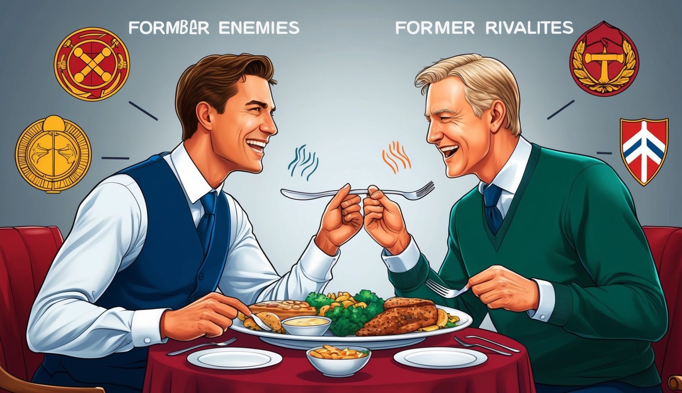 Two former enemies sitting together, sharing a meal and laughing, surrounded by symbols of their former rivalry now transformed into symbols of friendship