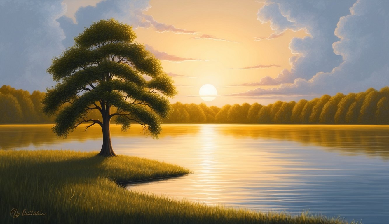 A serene, golden sunset over a tranquil lake, with a lone tree standing tall on the shore, symbolizing forgiveness and redemption