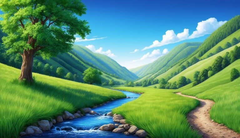 Scenic landscape with a river, mountains, and a path, reflecting psalm 91:4