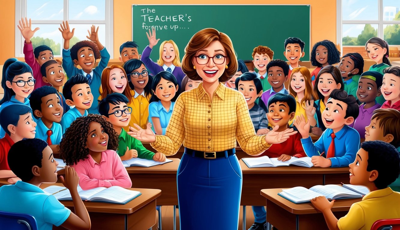 A teacher stands in front of a diverse group of students, their faces lighting up with admiration and respect.</p><p>The teacher's kind and forgiving actions have inspired the students, creating a heartwarming atmosphere in the classroom