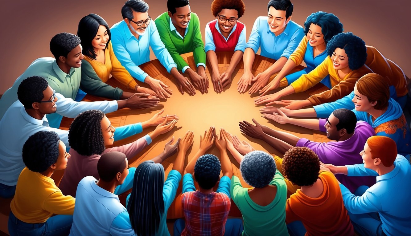 A diverse group of individuals from different backgrounds coming together in a circle, sharing stories and embracing one another with warmth and compassion