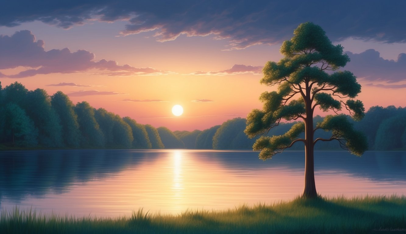 A serene sunset over a tranquil lake, with a lone tree standing tall in the foreground, symbolizing forgiveness and redemption