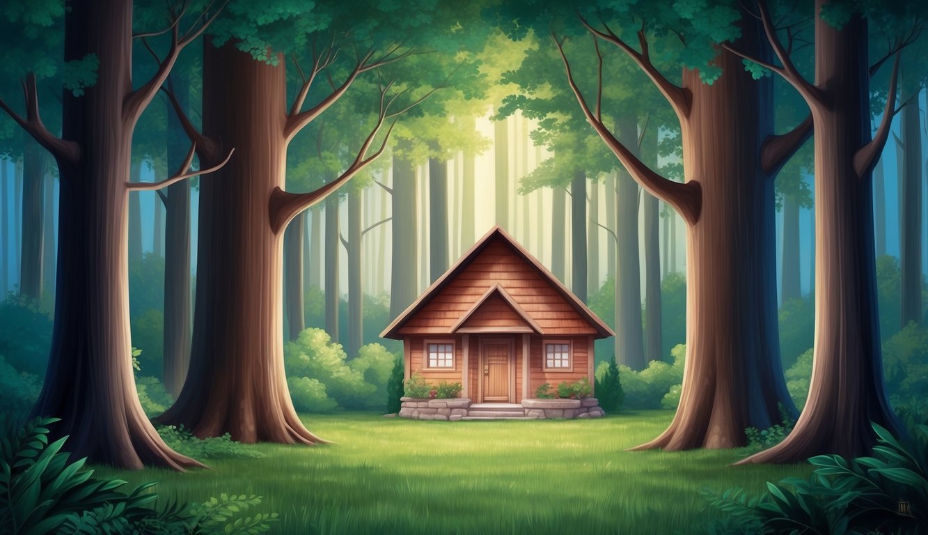 A serene forest with a protective shield surrounding a small, peaceful dwelling