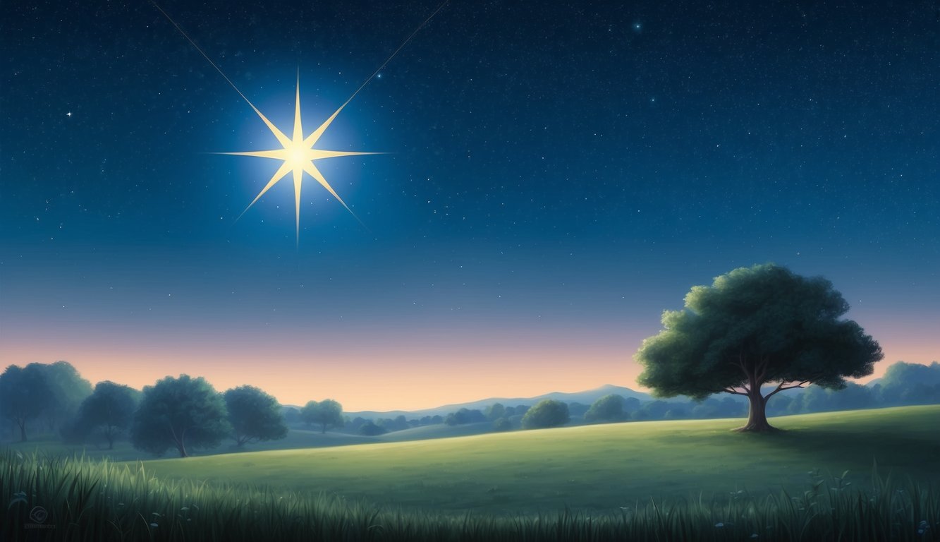 A serene night sky with a bright star shining over a peaceful landscape