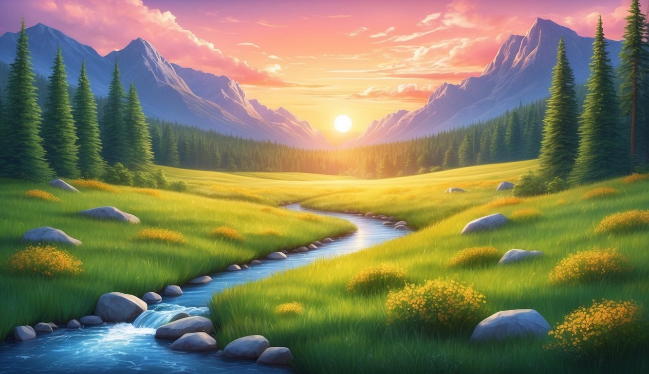 A peaceful meadow with a flowing stream, surrounded by tall mountains and a vibrant sunset in the distance