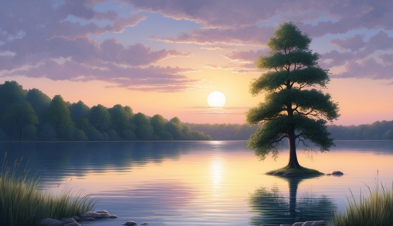 A serene sunset over a tranquil lake, with a lone tree on the shore, evoking a sense of spiritual connection and personal reflection