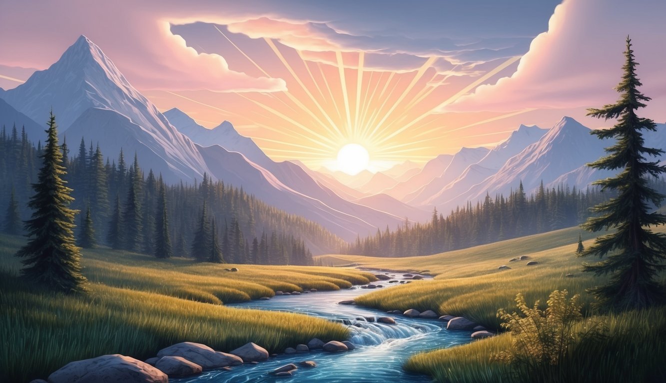 A peaceful mountain landscape with a flowing stream and a radiant sunrise