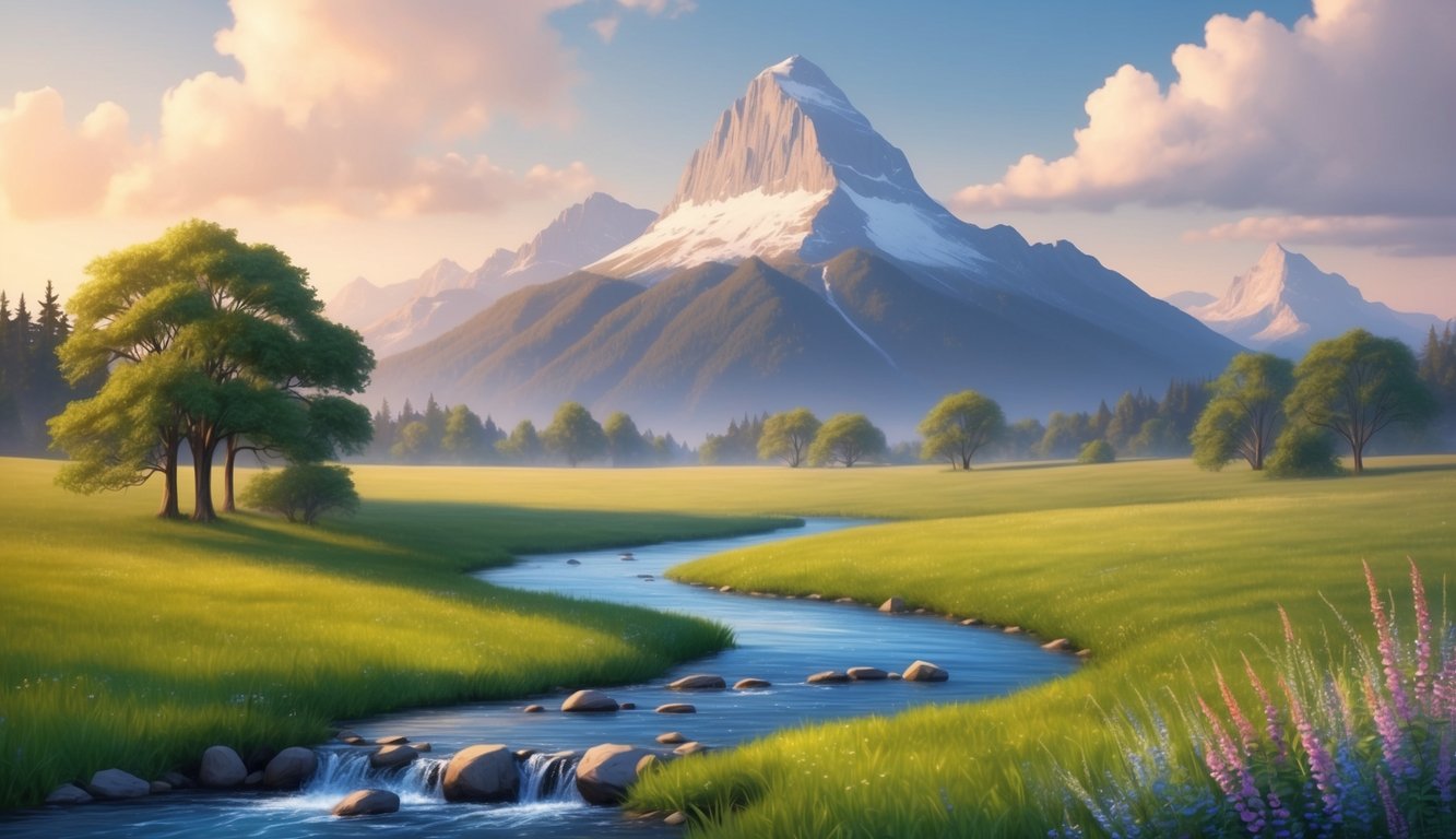 A serene landscape with a peaceful meadow, a flowing stream, and a majestic mountain in the background