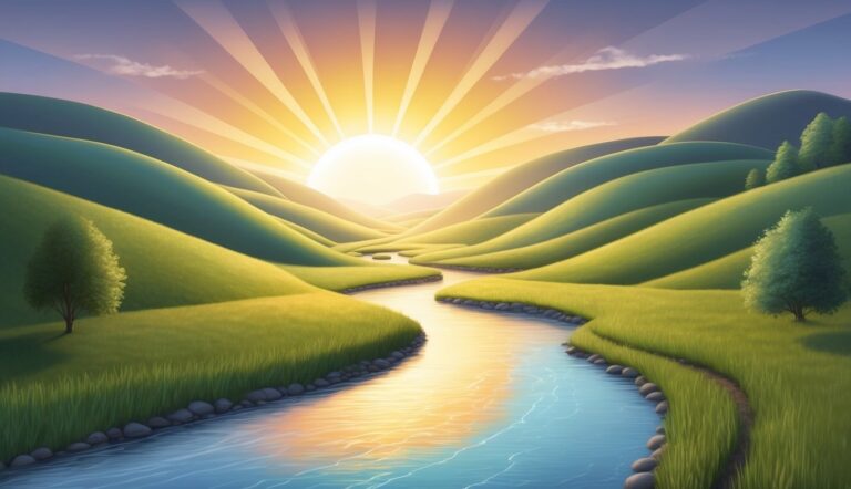 Sunrise over rolling green hills with a river winding through the valley