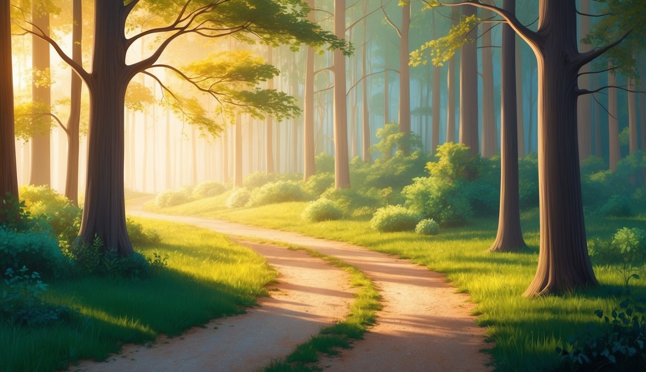 A serene landscape with a path leading through a peaceful forest, bathed in warm sunlight