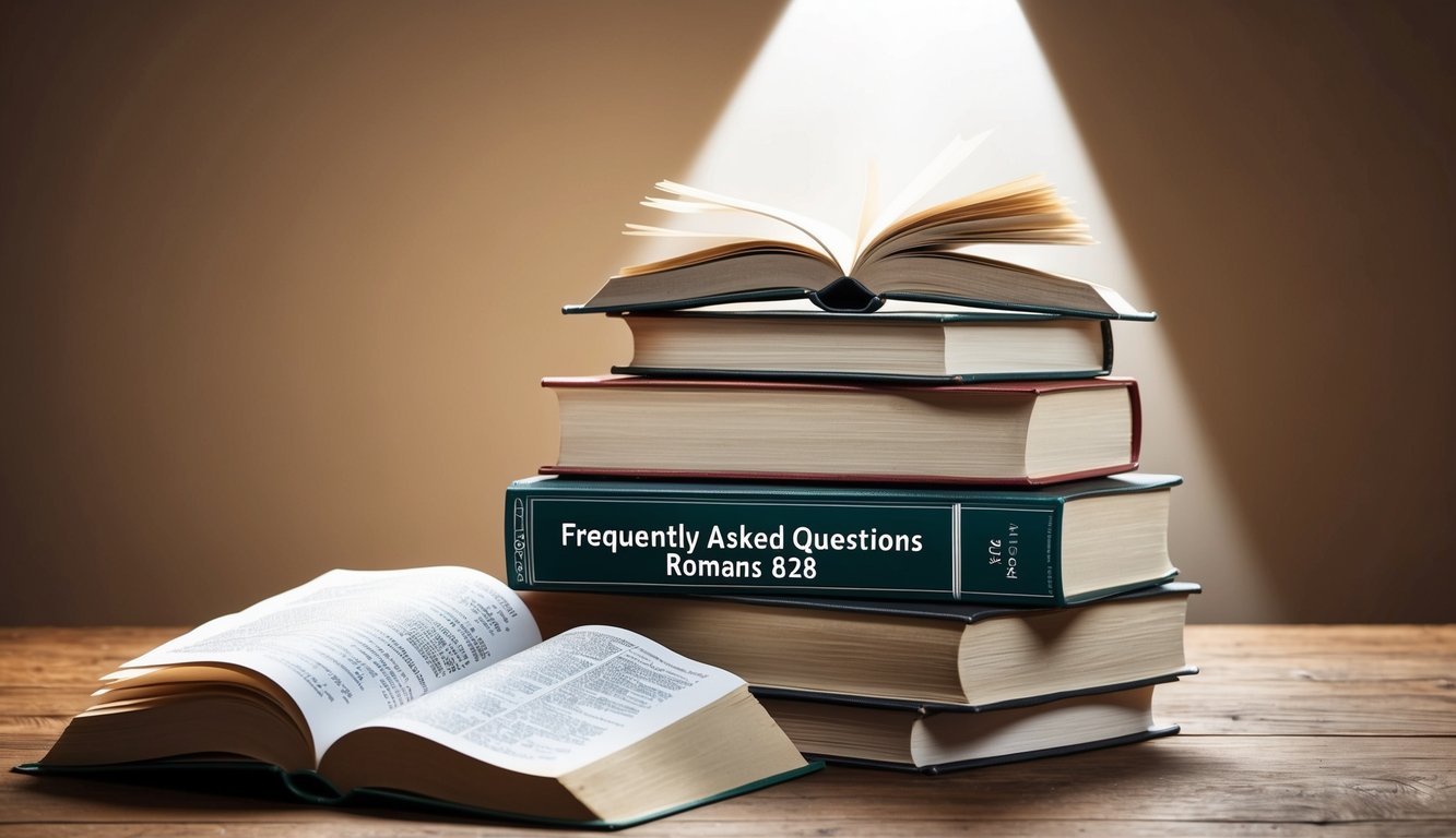 A stack of open books with a spotlight shining on the title "Frequently Asked Questions romans 828" on a wooden table