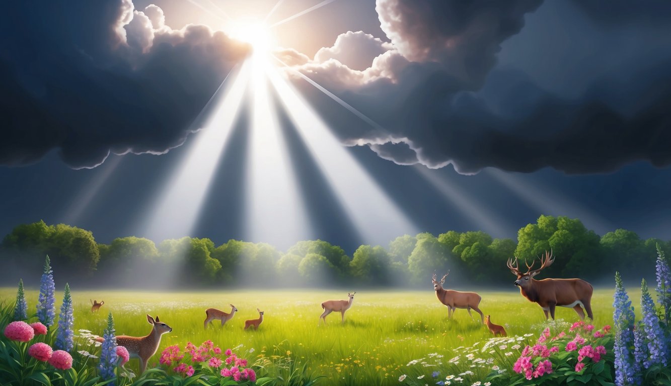 A beam of light pierces through dark clouds, illuminating a peaceful meadow with blooming flowers and vibrant wildlife