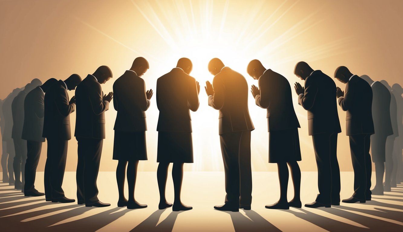 A group of silhouetted figures stand in a circle, heads bowed in prayer, surrounded by a soft, warm light emanating from above